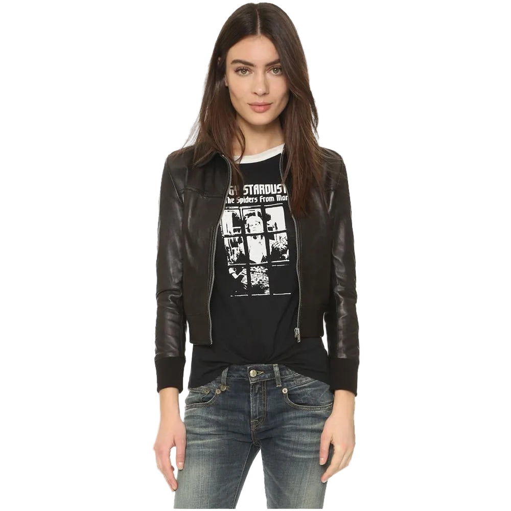 women's black leather bomber jacket elara front view