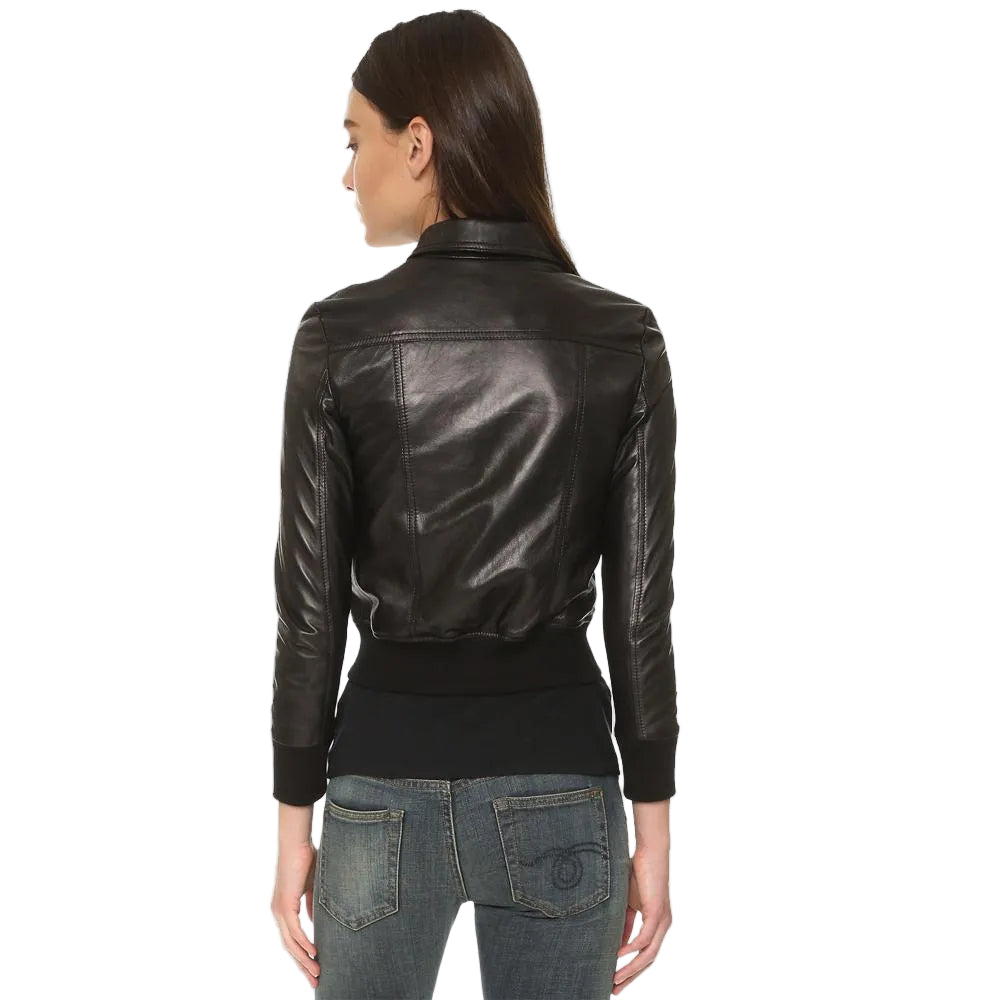 women's black leather bomber jacket elara back view