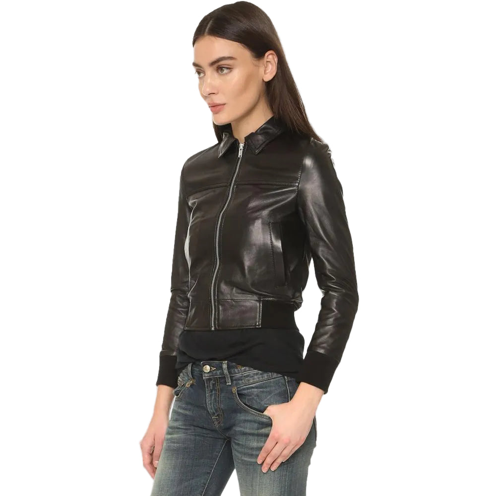 women's black leather bomber jacket elara detail close up