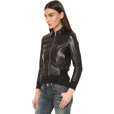 women's black leather bomber jacket elara detail close up