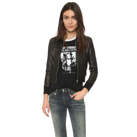 women's black leather bomber jacket elara texture detail