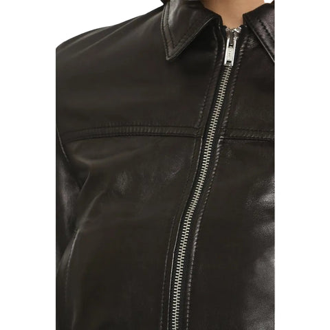women's black leather bomber jacket elara side angle