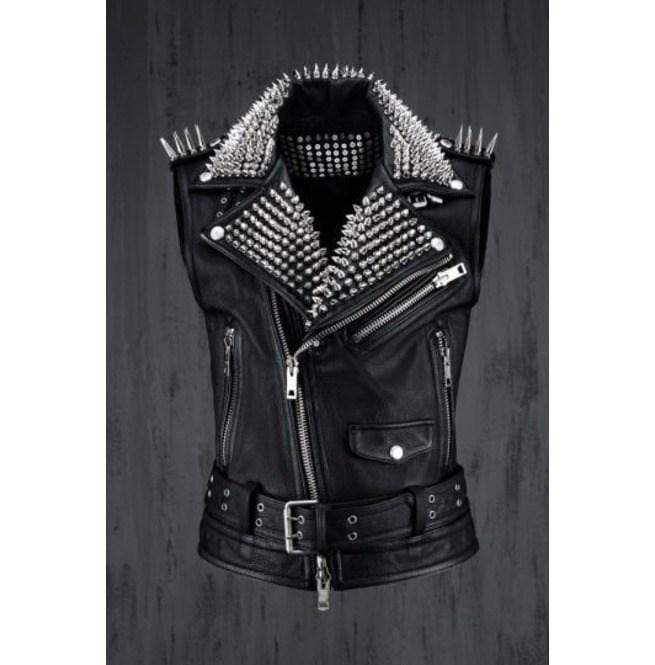men's black studded leather vest ronan front view