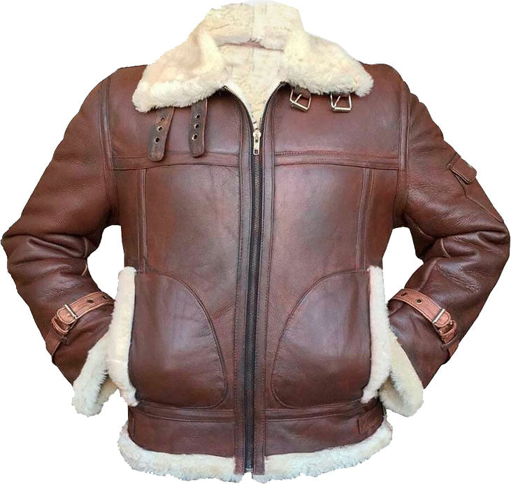• mens flying leather jacket fur collar front view
