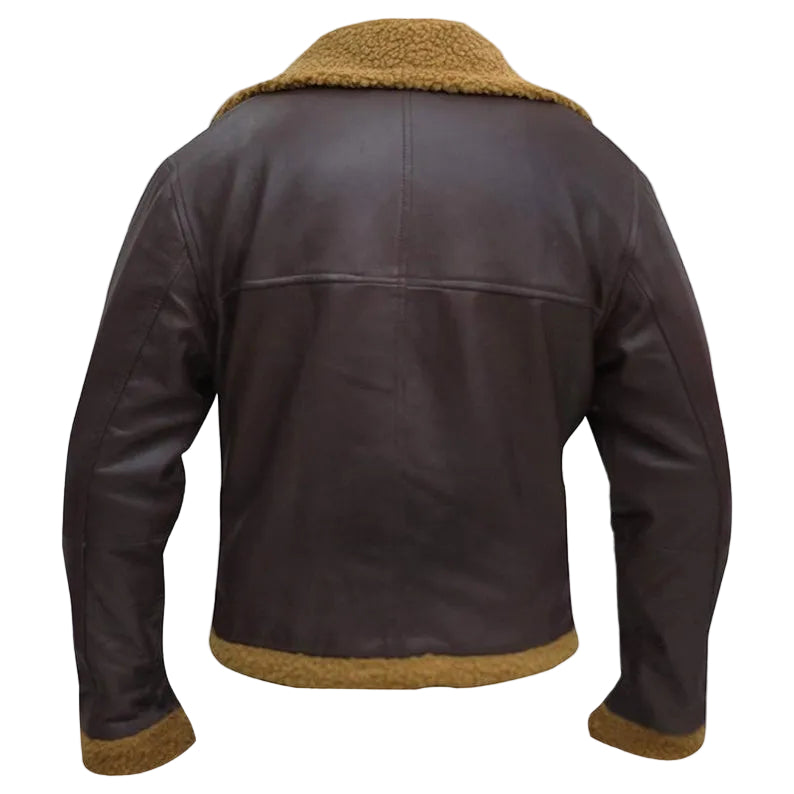 • brown aviator shearling jacket wide collar detail
