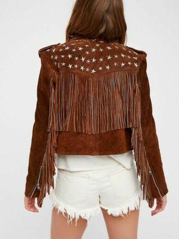 women's brown studded suede leather jacket freya side angle