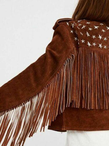 women's brown studded suede leather jacket freya back view