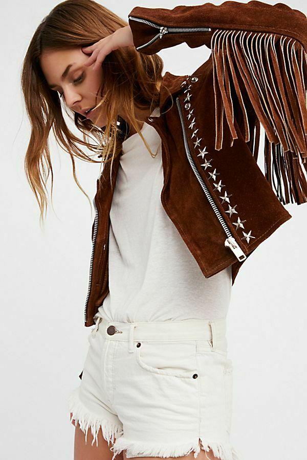 women's brown studded suede leather jacket freya front view
