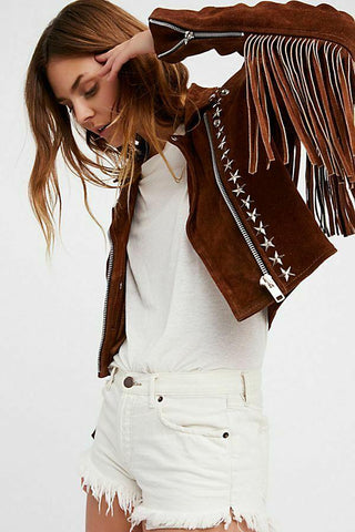 women's brown studded suede leather jacket freya front view