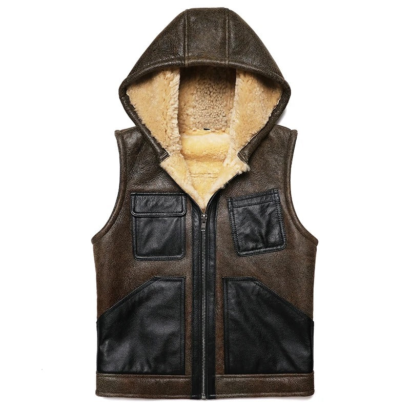 Hooded Shearling Leather Vest for Men - AMSEL LEATHERS