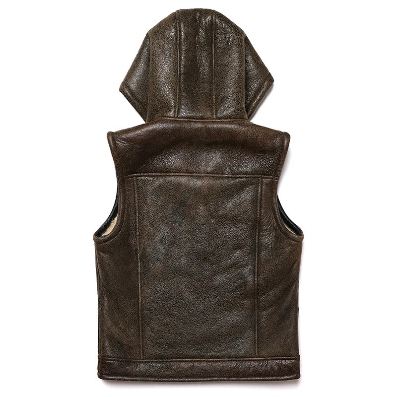 Hooded Shearling Leather Vest for Men - AMSEL LEATHERS