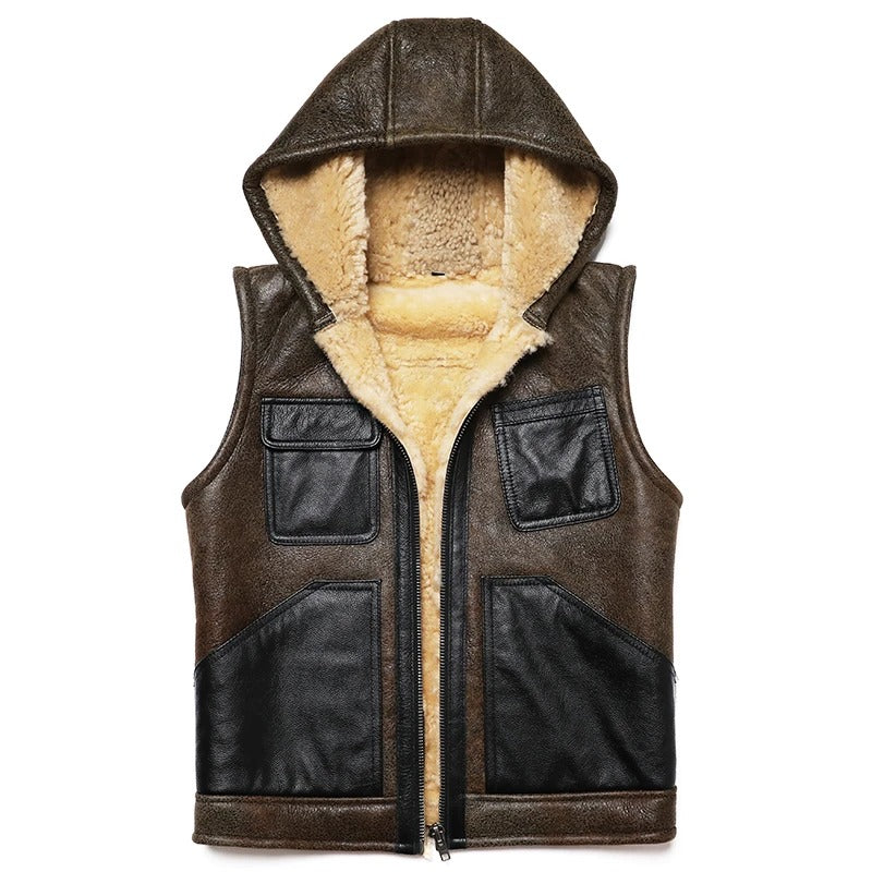 Hooded Shearling Leather Vest for Men - AMSEL LEATHERS