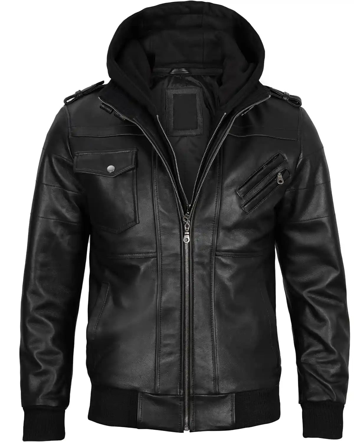 Hooded Genuine Leather Black Bomber Jacket - AMSEL LEATHERS