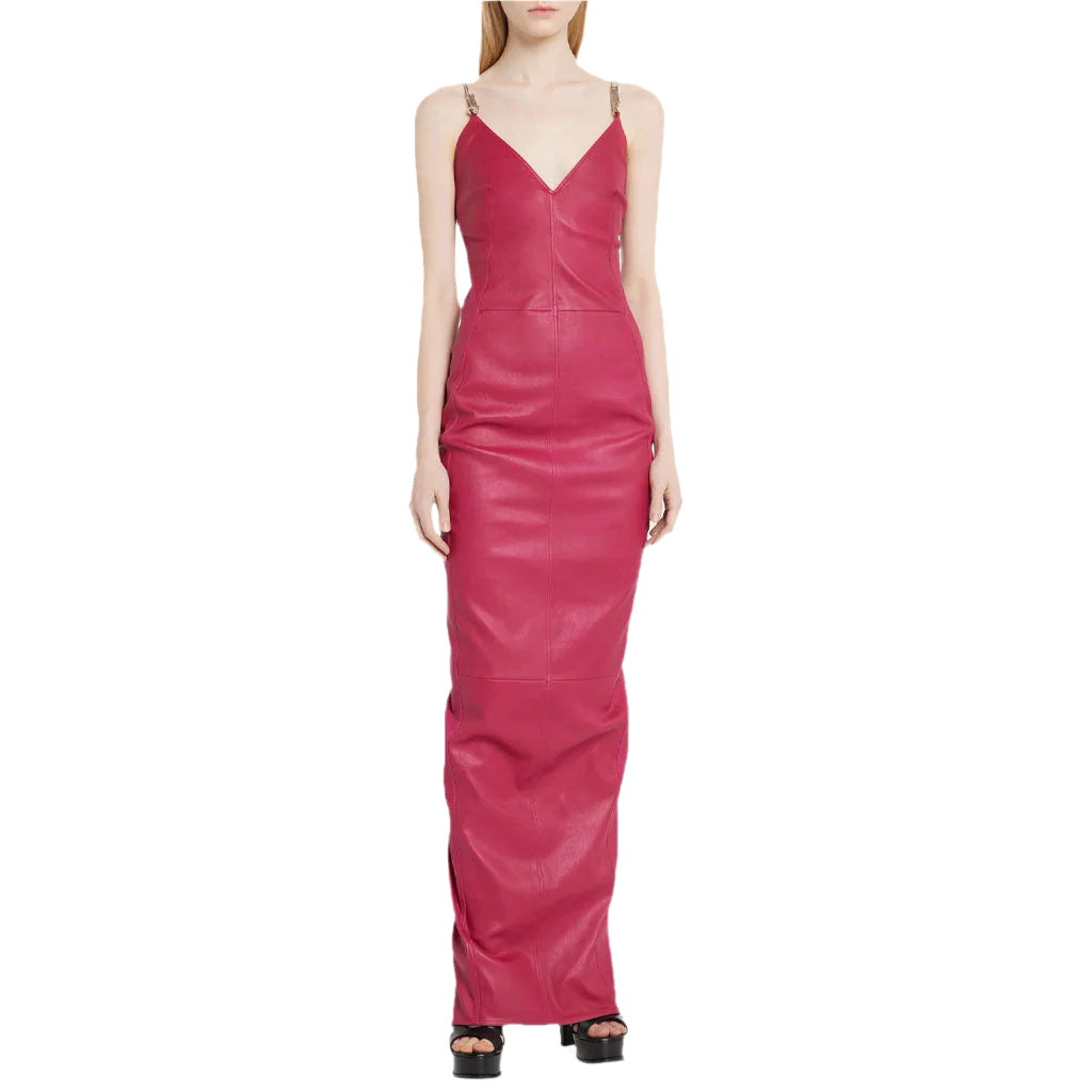 Hot Pink Fitted Long Leather Barbie Dress - AMSEL LEATHERS