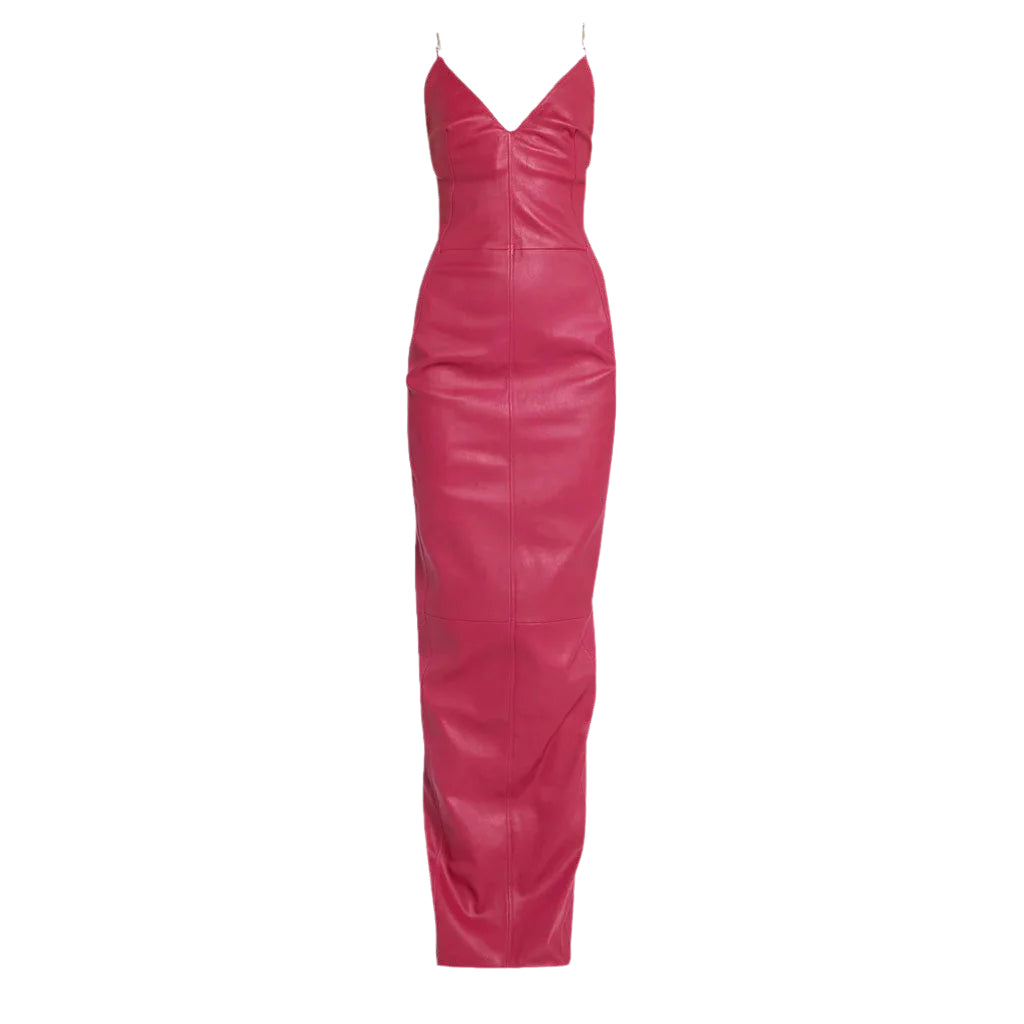 Hot Pink Fitted Long Leather Barbie Dress - AMSEL LEATHERS