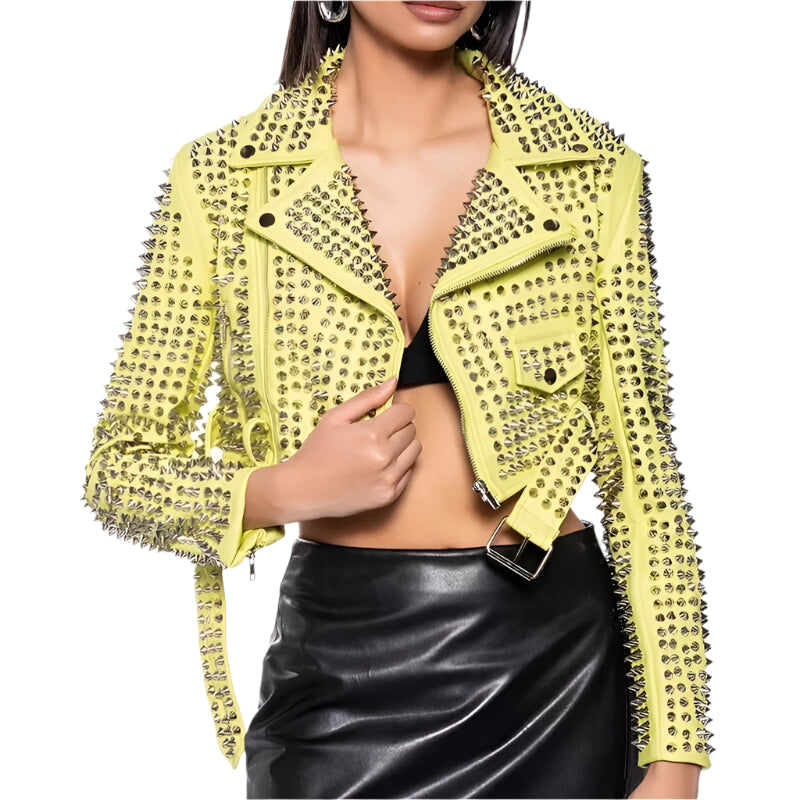 Hot Womens Yellow Punk Brando Studded Leather Biker Jacket - AMSEL LEATHERS