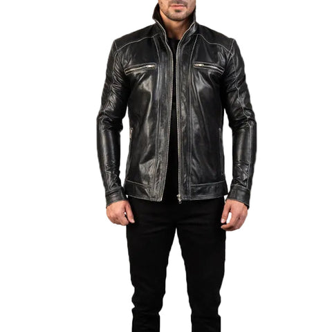 • black biker leather jacket mens front view
