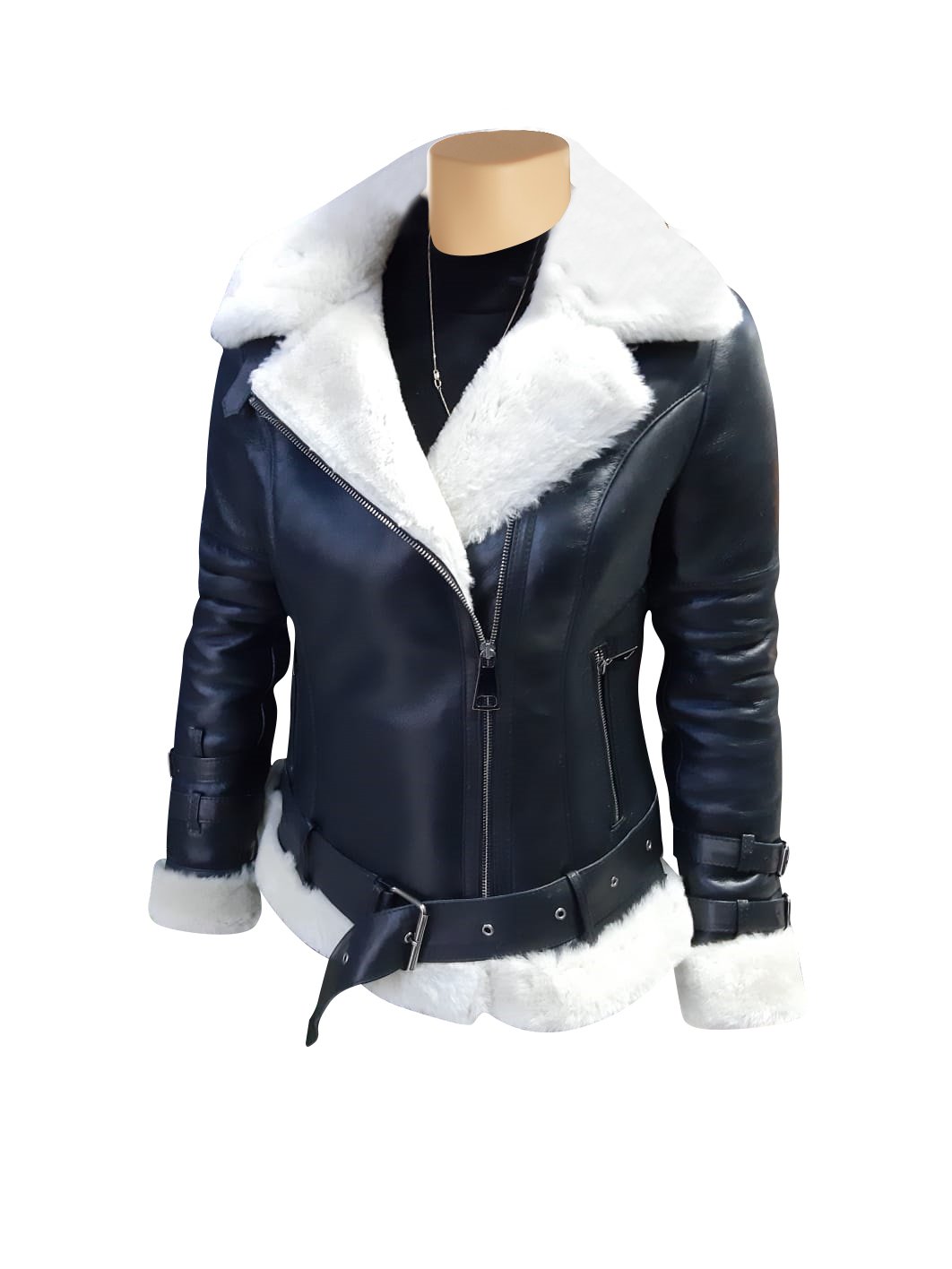 • black white shearling biker jacket womens front view
