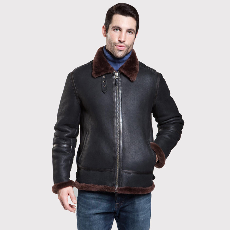 Iconic Black Aviator Shearling Leather Jacket - AMSEL LEATHERS