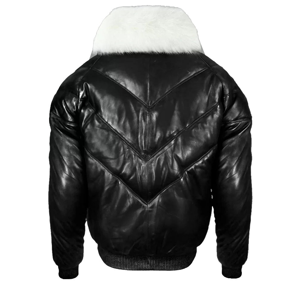 Iconic Black V-Bomber Jacket With Fur Collar - Leather Down Jacket - AMSEL LEATHERS