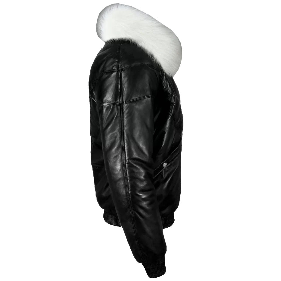 Iconic Black V-Bomber Jacket With Fur Collar - Leather Down Jacket - AMSEL LEATHERS