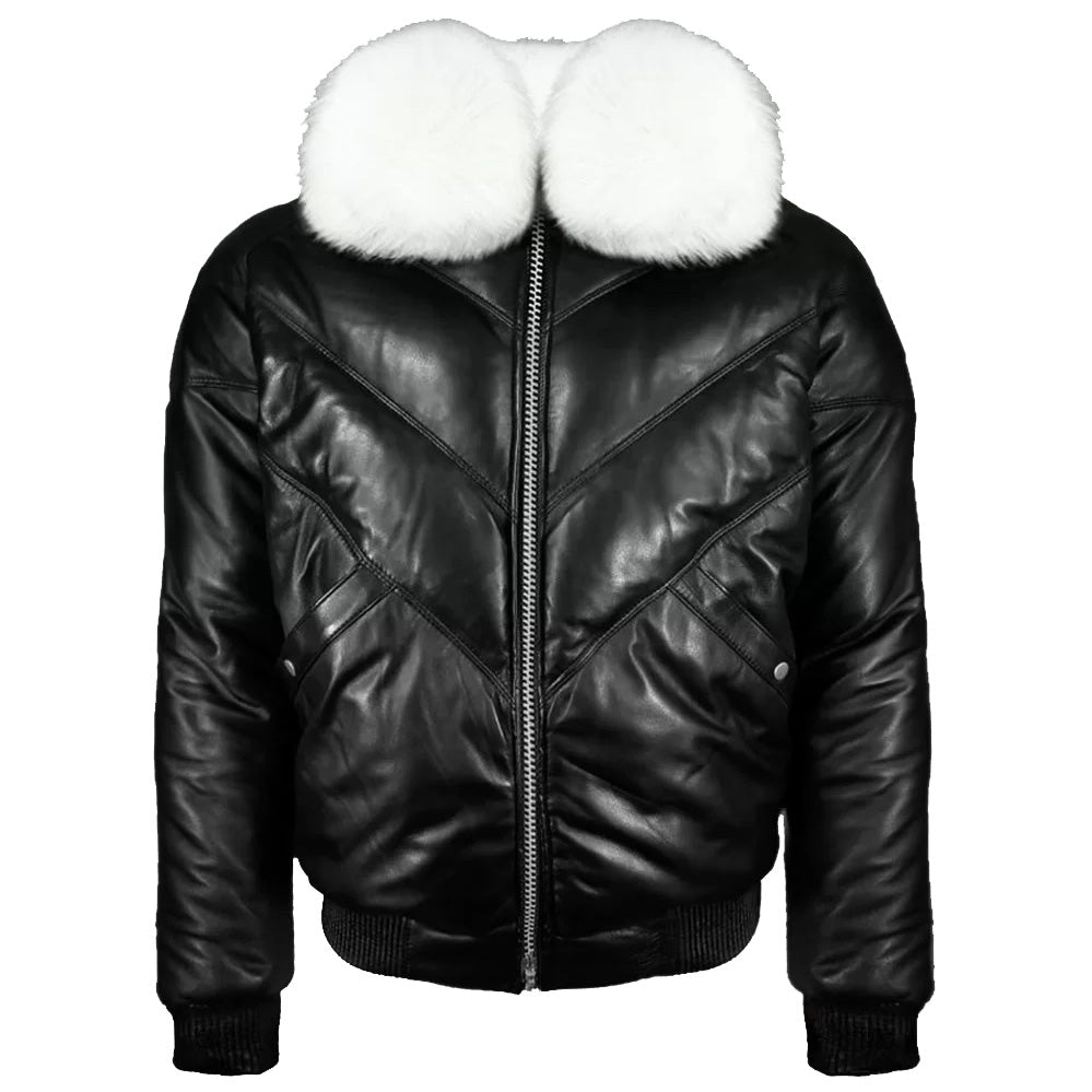 Iconic Black V-Bomber Jacket With Fur Collar - Leather Down Jacket - AMSEL LEATHERS