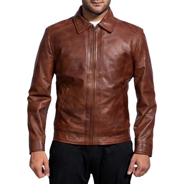 • distressed brown leather jacket mens front view
