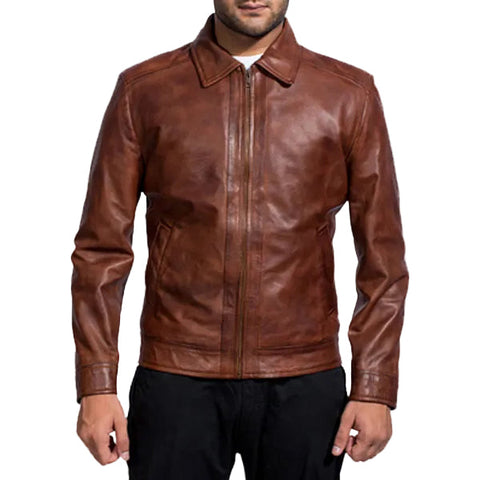 • distressed brown leather jacket mens front view
