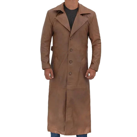 • brown leather trench coat lapel detail

