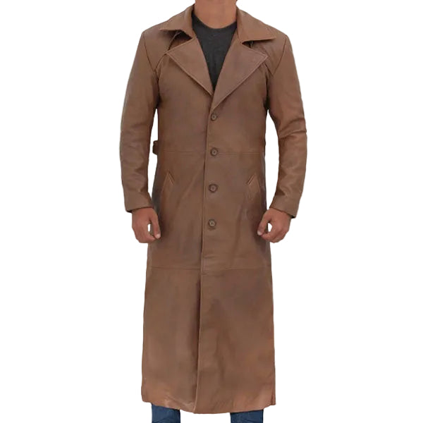 • mens long brown leather trench coat front view

