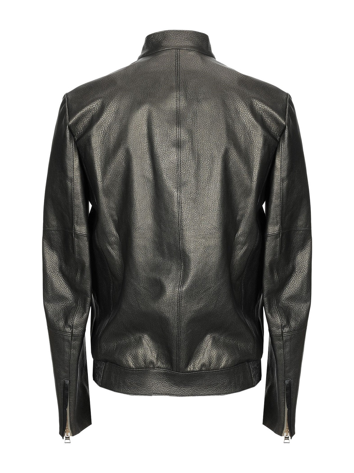 Jet black leather zip jacket with snap-tab collar
