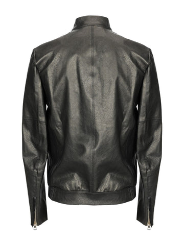 Jet black leather zip jacket with snap-tab collar
