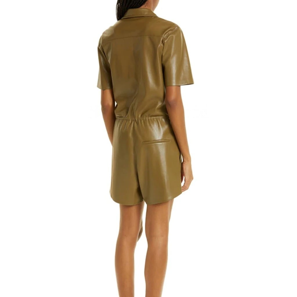 Khaki Brown Drawstring Waist Leather Playsuit for Women - AMSEL LEATHERS