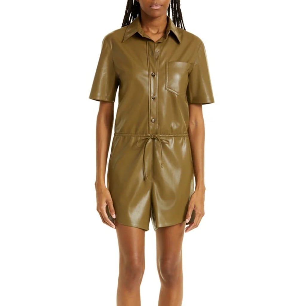 Khaki Brown Drawstring Waist Leather Playsuit for Women - AMSEL LEATHERS