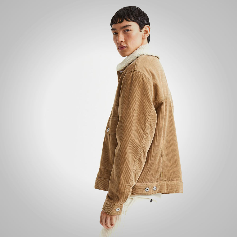 Khaki corduroy jacket for men with shearling style

