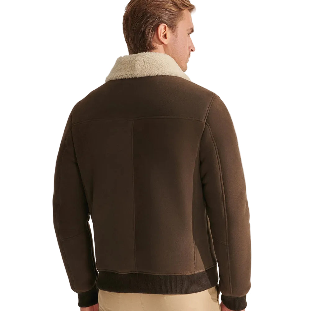 Khaki shearling leather bomber jacket for men
