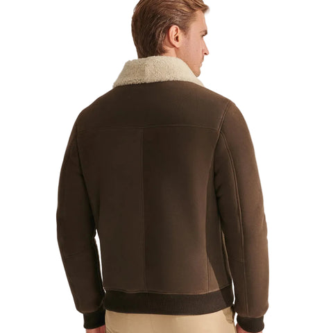 Khaki shearling leather bomber jacket for men
