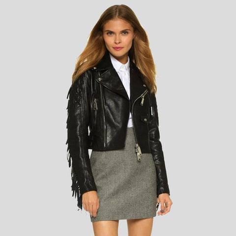 women's black fringe leather biker jacket calista front view