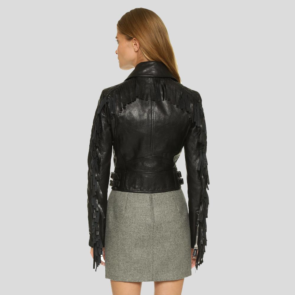 women's black fringe leather biker jacket calista back view