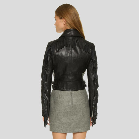 women's black fringe leather biker jacket calista back view