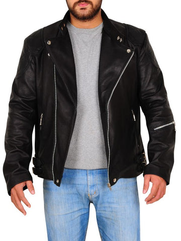 men's black leather biker jacket garrick detail close up