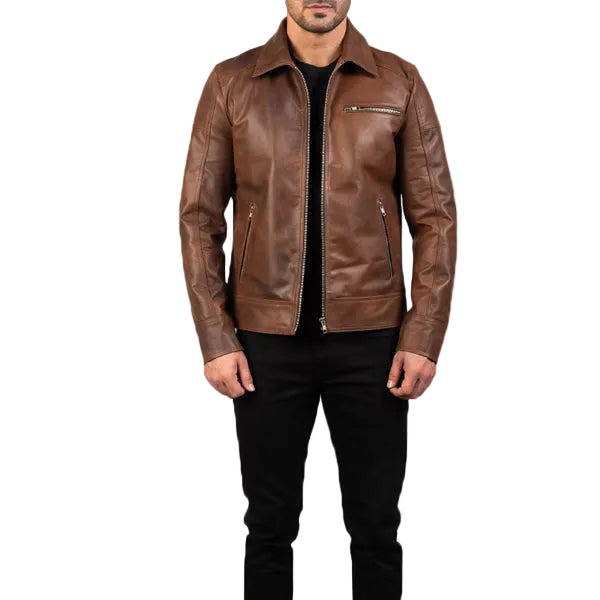 • brown biker leather jacket mens front view
