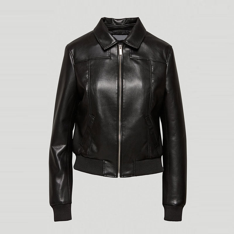 • black womens shearling aviator jacket front view
