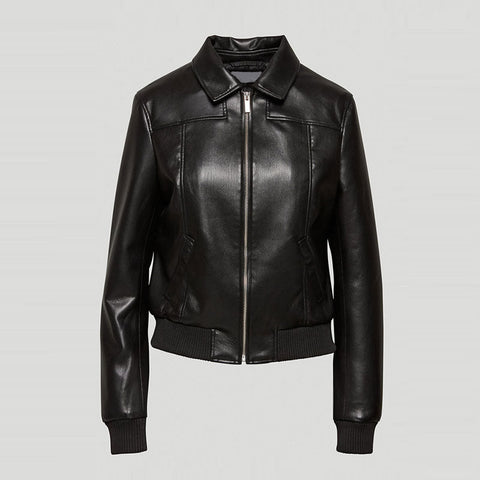 • black womens shearling aviator jacket front view
