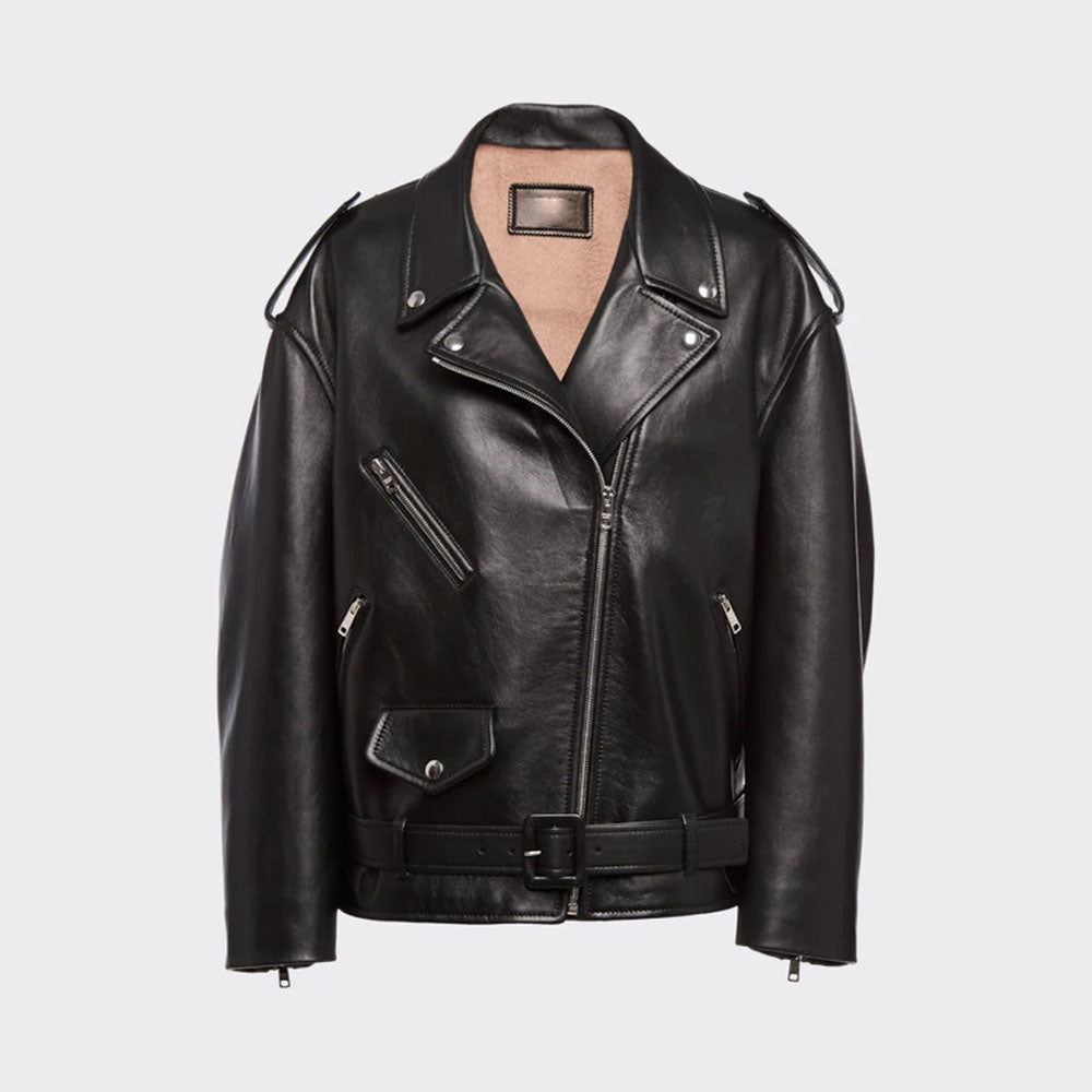 • black womens lambskin leather biker jacket front view
