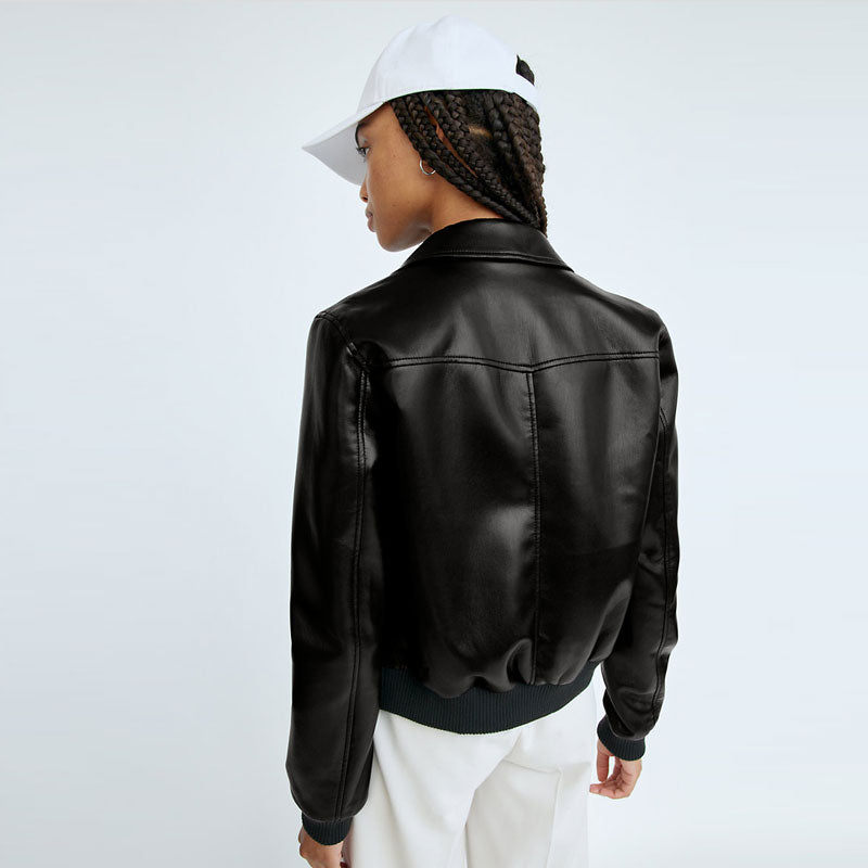 • black leather aviator jacket collar close up
