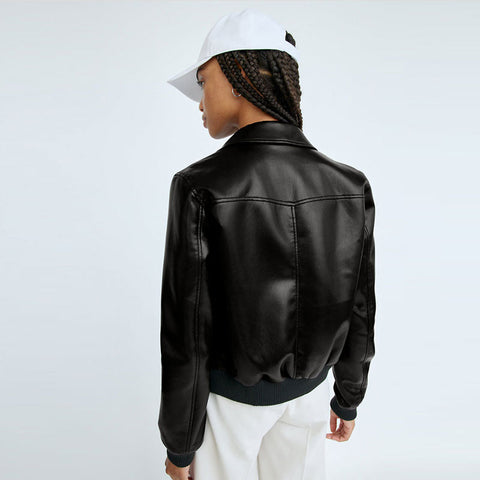 • black leather aviator jacket collar close up
