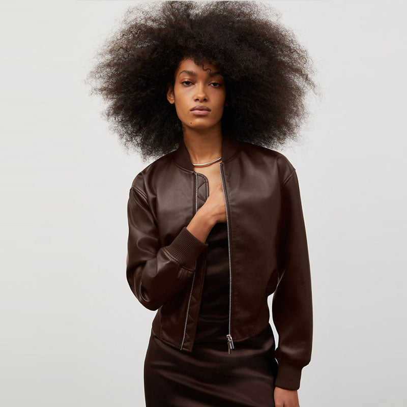 • brown shearling leather jacket collar detail
