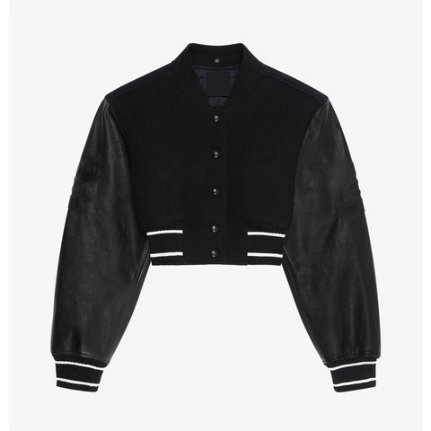 • black womens shearling bomber jacket aviator front view
