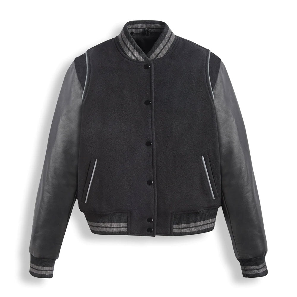 • black varsity leather jacket mens front view
